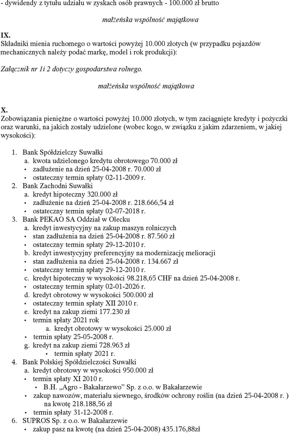 000 złotych, w tym zaciągnięte kredyty i pożyczki oraz warunki, na jakich zostały udzielone (wobec kogo, w związku z jakim zdarzeniem, w jakiej wysokości): 1. Bank Spółdzielczy Suwałki a.