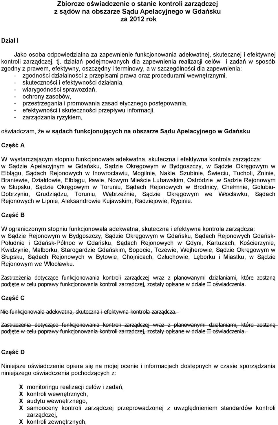 działań podejmowanych dla zapewnienia realizacji celów i zadań w sposób zgodny z prawem, efektywny, oszczędny i terminowy, a w szczególności dla zapewnienia: - zgodności działalności z przepisami