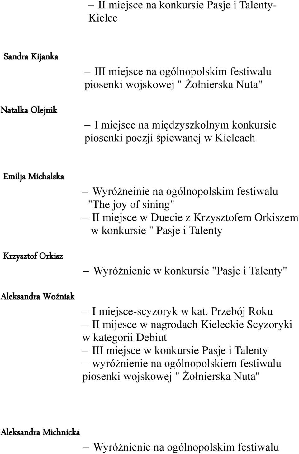 Krzysztofem Orkiszem w konkursie " Pasje i Talenty Wyróżnienie w konkursie "Pasje i Talenty" I miejsce-scyzoryk w kat.