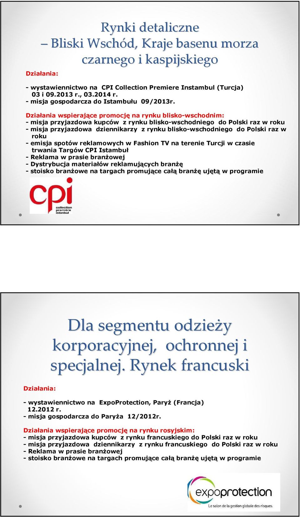 Działania wspierające promocję na rynku blisko-wschodnim: - misja przyjazdowa kupców z rynku blisko-wschodniego do Polski raz w roku - misja przyjazdowa dziennikarzy z rynku blisko-wschodniego do