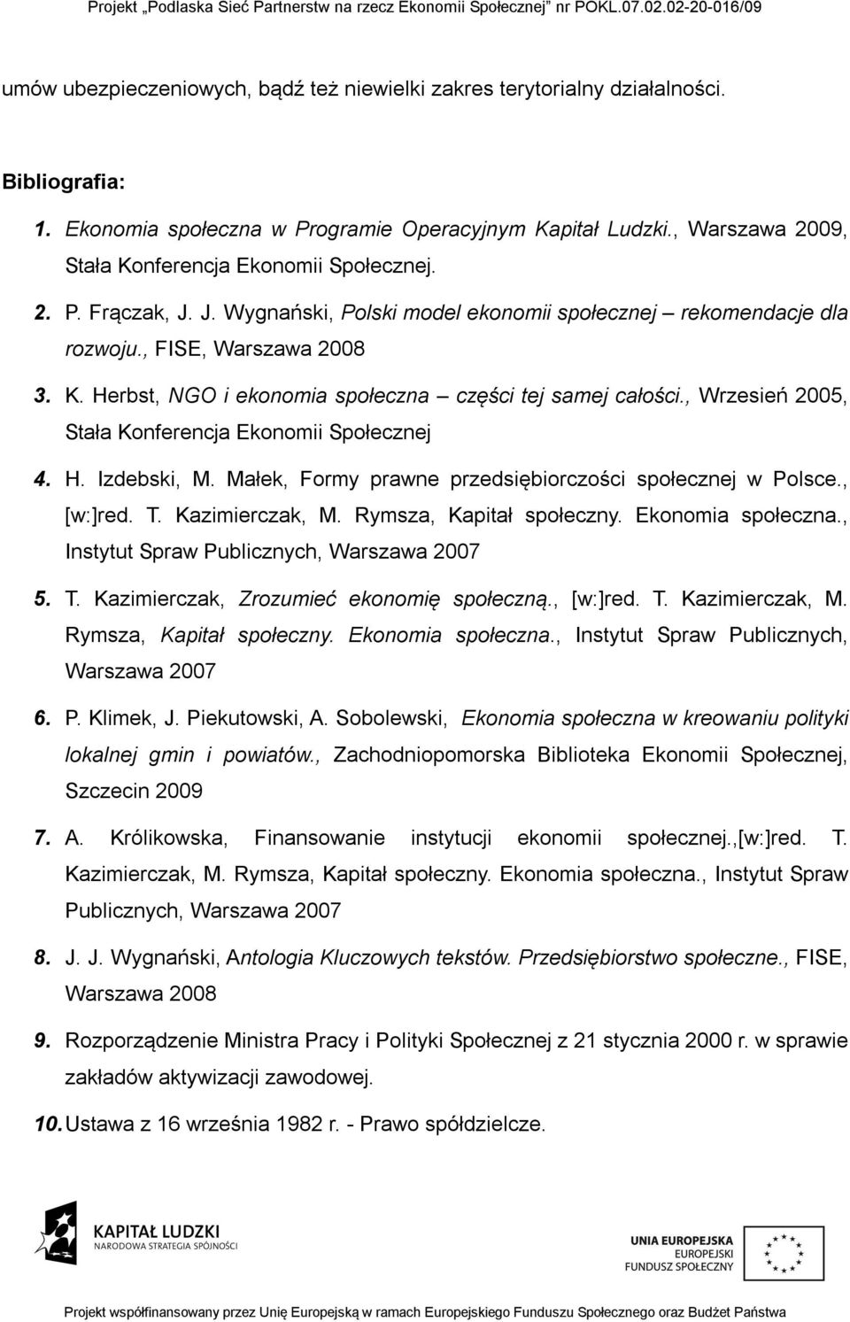 , Wrzesień 2005, Stała Konferencja Ekonomii Społecznej 4. H. Izdebski, M. Małek, Formy prawne przedsiębiorczości społecznej w Polsce., [w:]red. T. Kazimierczak, M. Rymsza, Kapitał społeczny.