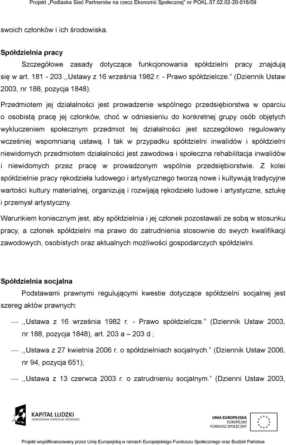 Przedmiotem jej działalności jest prowadzenie wspólnego przedsiębiorstwa w oparciu o osobistą pracę jej członków, choć w odniesieniu do konkretnej grupy osób objętych wykluczeniem społecznym