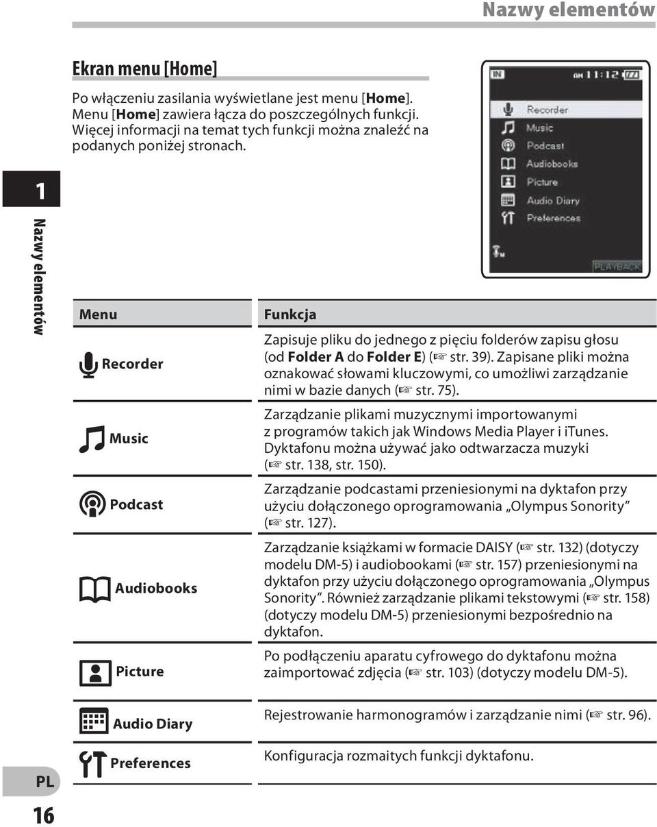 1 Nazwy elementów 16 Menu A Recorder B Music C Podcast D Audiobooks E Picture F Audio Diary G Preferences Funkcja Zapisuje pliku do jednego z pięciu folderów zapisu głosu (od Folder A do Folder E) (