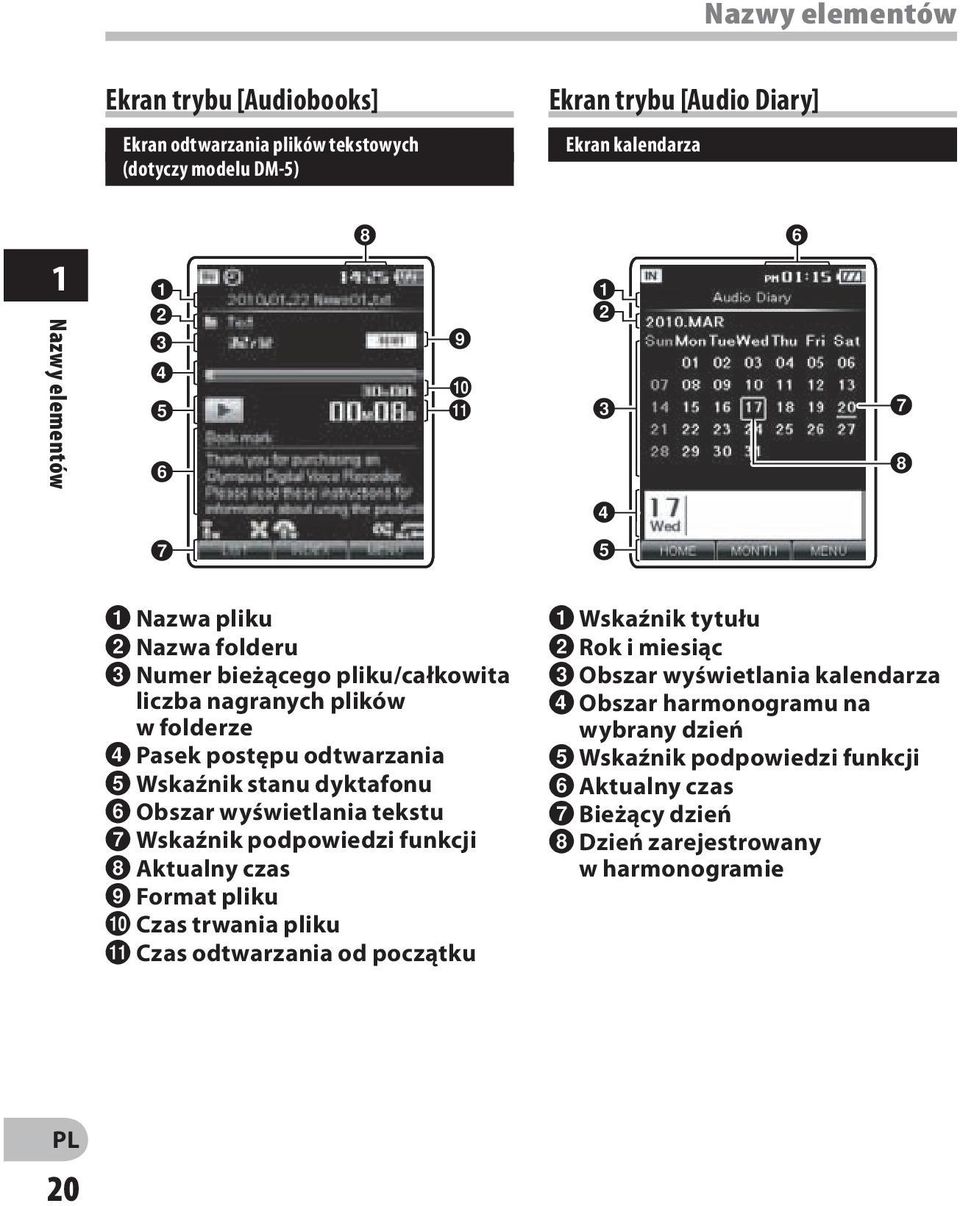 6 Obszar wyświetlania tekstu 7 Wskaźnik podpowiedzi funkcji 8 Aktualny czas 9 Format pliku 0 Czas trwania pliku!