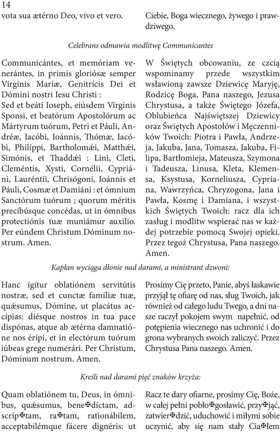 Vírginis Sponsi, et beatórum Apostolórum ac Mártyrum tuórum, Petri et Páuli, Andréæ, Iacóbi, Ioánnis, Thómæ, Iacóbi, Philíppi, Bartholomǽi, Matthǽi, Simónis, et Thaddǽi : Lini, Cleti, Cleméntis,