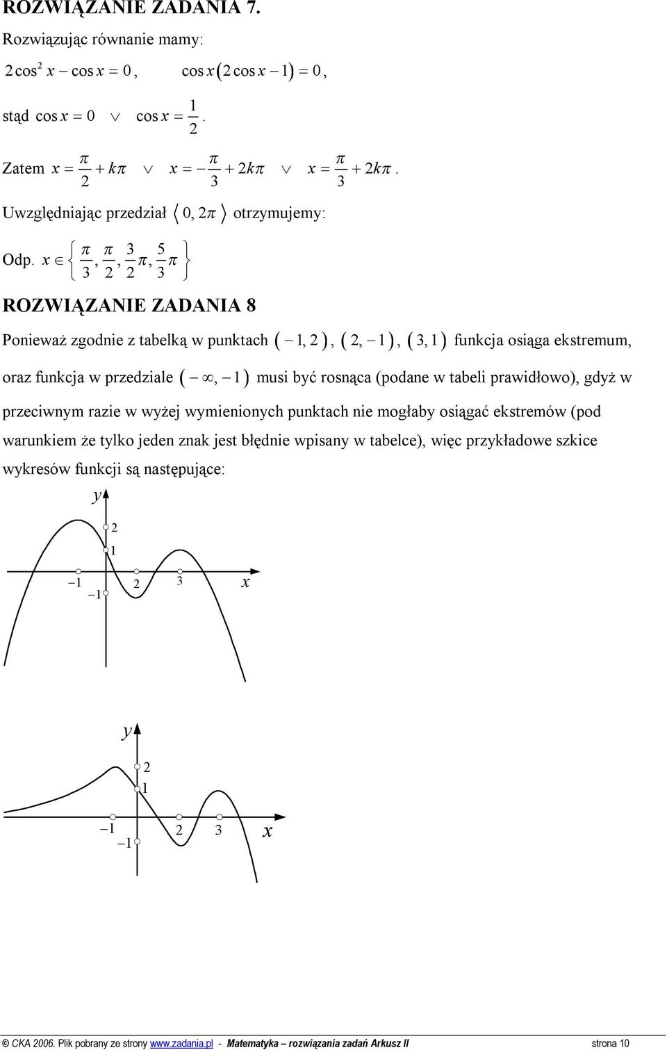 π π 3 5 x,, π, π 3 3 ROZWIĄZANIE ZADANIA 8 Ponieważ zgodnie z tabelką w punktach (,), (, ), ( ) 3, funkcja osiąga ekstremum, oraz funkcja w przedziale (, ) musi być rosnąca