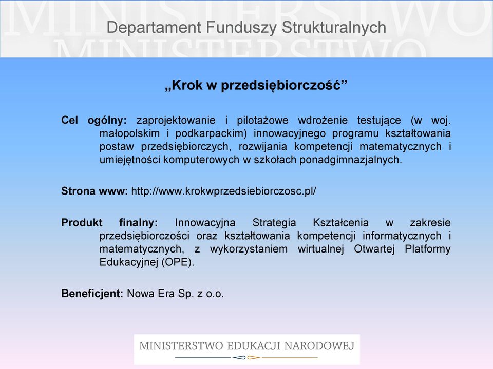 komputerowych w szkołach ponadgimnazjalnych. Strona www: http://www.krokwprzedsiebiorczosc.