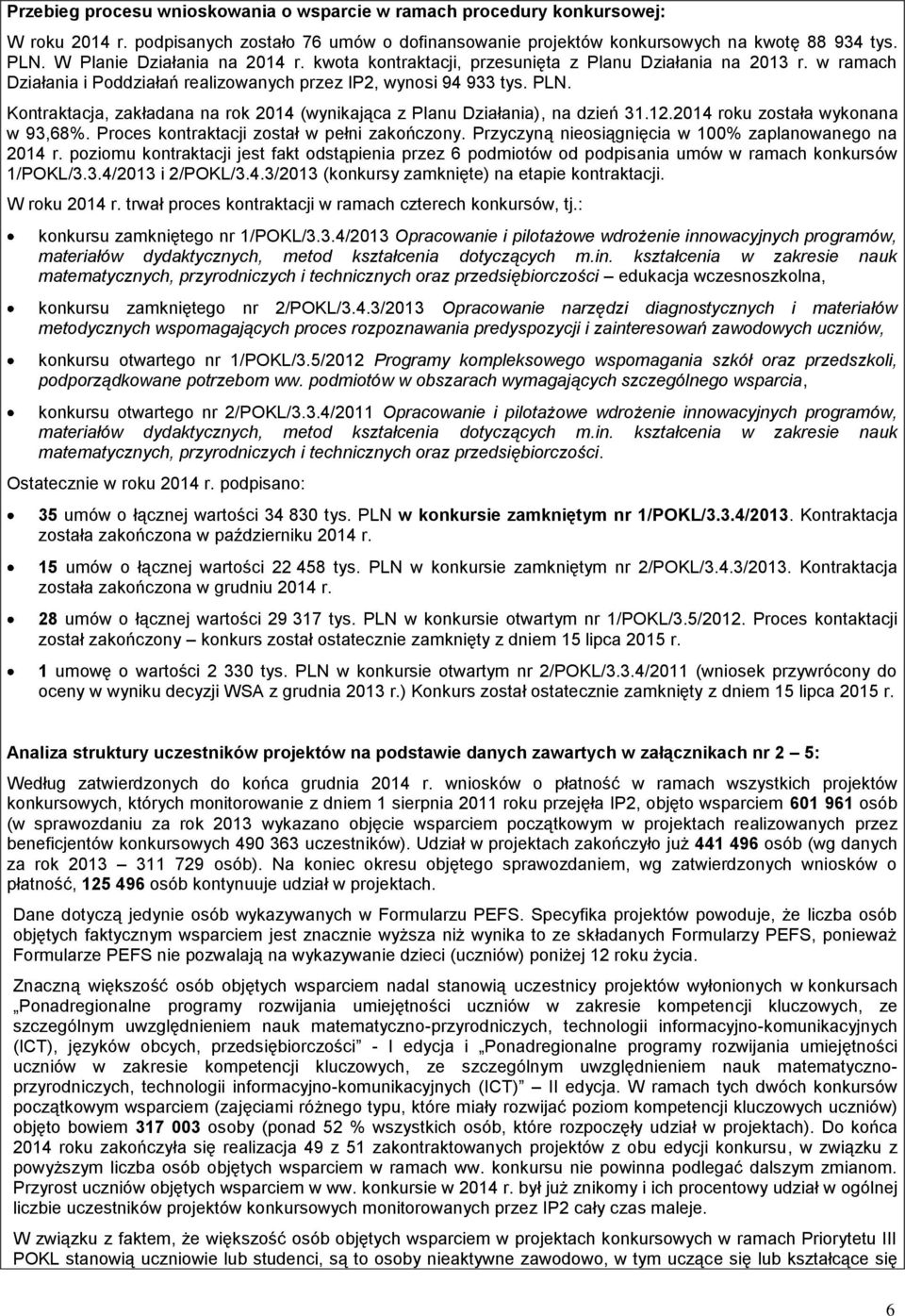 Kontraktacja, zakładana na rok 2014 (wynikająca z Planu Działania), na dzień 31.12.2014 roku została wykonana w 93,68%. Proces kontraktacji został w pełni zakończony.