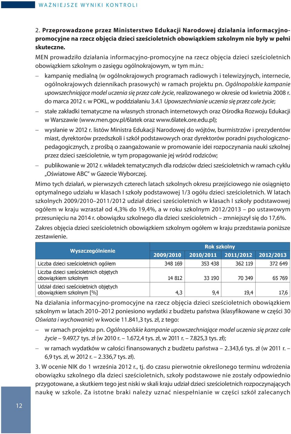 MEN prowadziło działania informacyjno-promocyjne na rzecz objęcia dzieci sześcioletnich obowiązkiem szkolnym o zasięgu ogólnokrajowym, w tym m.in.: kampanię medialną (w ogólnokrajowych programach radiowych i telewizyjnych, internecie, ogólnokrajowych dziennikach prasowych) w ramach projektu pn.