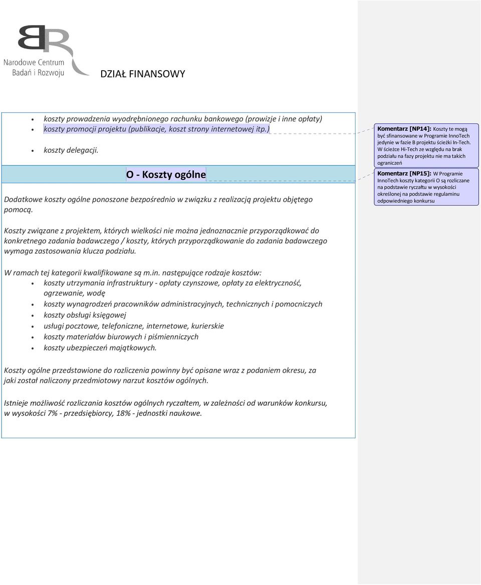 Komentarz [NP14]: Koszty te mogą być sfinansowane w Programie InnoTech jedynie w fazie B projektu ścieżki In-Tech.