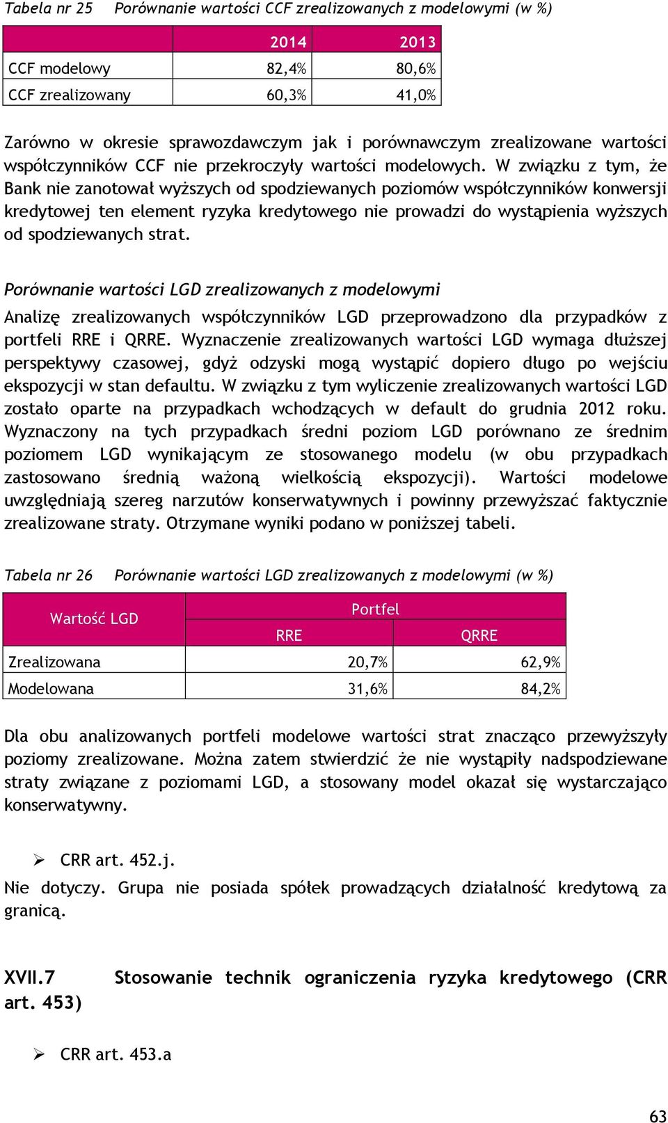 W związku z tym, że Bank nie zanotował wyższych od spodziewanych poziomów współczynników konwersji kredytowej ten element ryzyka kredytowego nie prowadzi do wystąpienia wyższych od spodziewanych