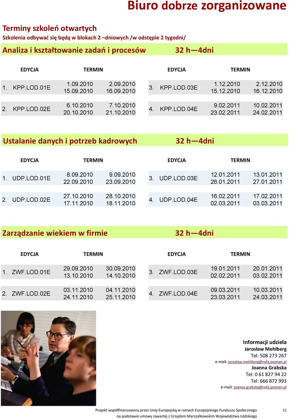 10.2010 23.02.2011 24.02.2011 Ustalanie danych i potrzeb kadrowych 32 h 4dni EDYCJA TERMIN EDYCJA TERMIN 1. UDP.LOD.01E 2. UDP.LOD.02E 8.09.2010 9.09.2010 12.01.2011 13.01.2011 3. UDP.LOD.03E 22.09.2010 23.09.2010 26.