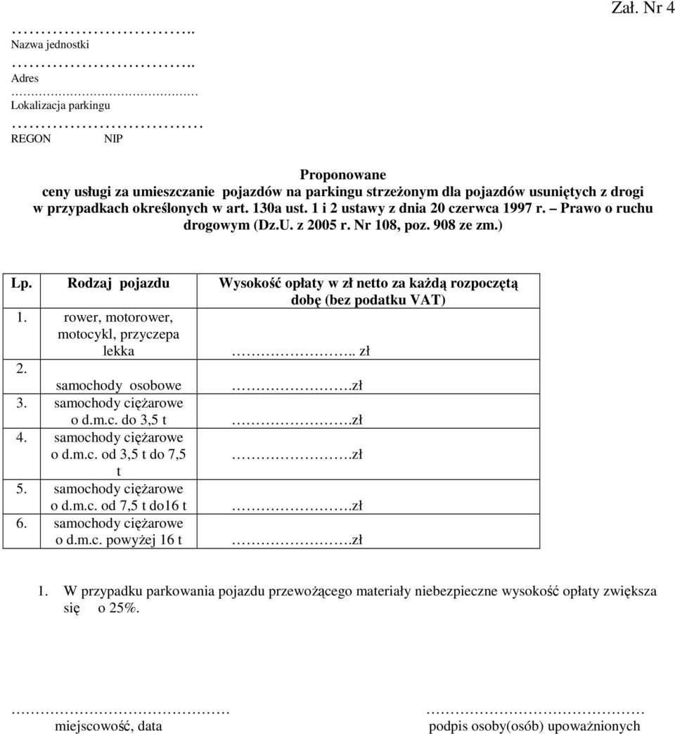 Prawo o ruchu drogowym (Dz.U. z 2005 r. Nr 108, poz. 908 ze zm.) Lp. Rodzaj pojazdu Wysokość opłaty w zł netto za kaŝdą rozpoczętą dobę (bez podatku VAT) 1.