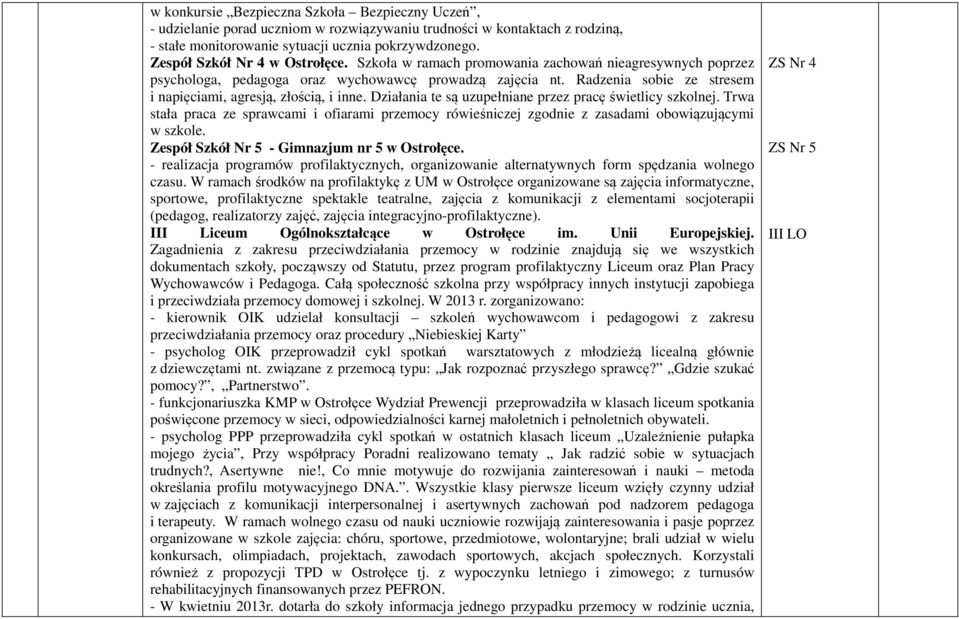 Radzenia sobie ze stresem i napięciami, agresją, złością, i inne. Działania te są uzupełniane przez pracę świetlicy szkolnej.