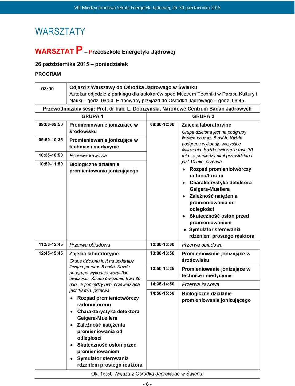 Dobrzyński, Narodowe Centrum Badań Jądrowych GRUPA 1 GRUPA 2 09:00-09:50 Promieniowanie jonizujące w środowisku 09:50-10:35 Promieniowanie jonizujące w technice i medycynie 10:35-10:50 Przerwa kawowa