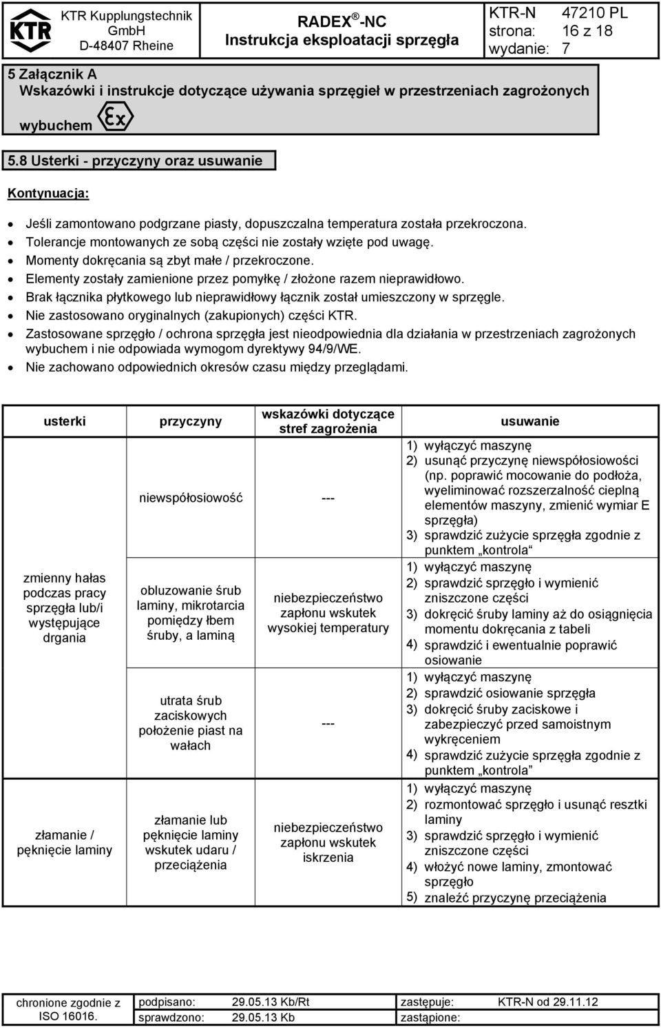 Tolerancje montowanych ze sobą części nie zostały wzięte pod uwagę. Momenty dokręcania są zbyt małe / przekroczone. Elementy zostały zamienione przez pomyłkę / złożone razem nieprawidłowo.