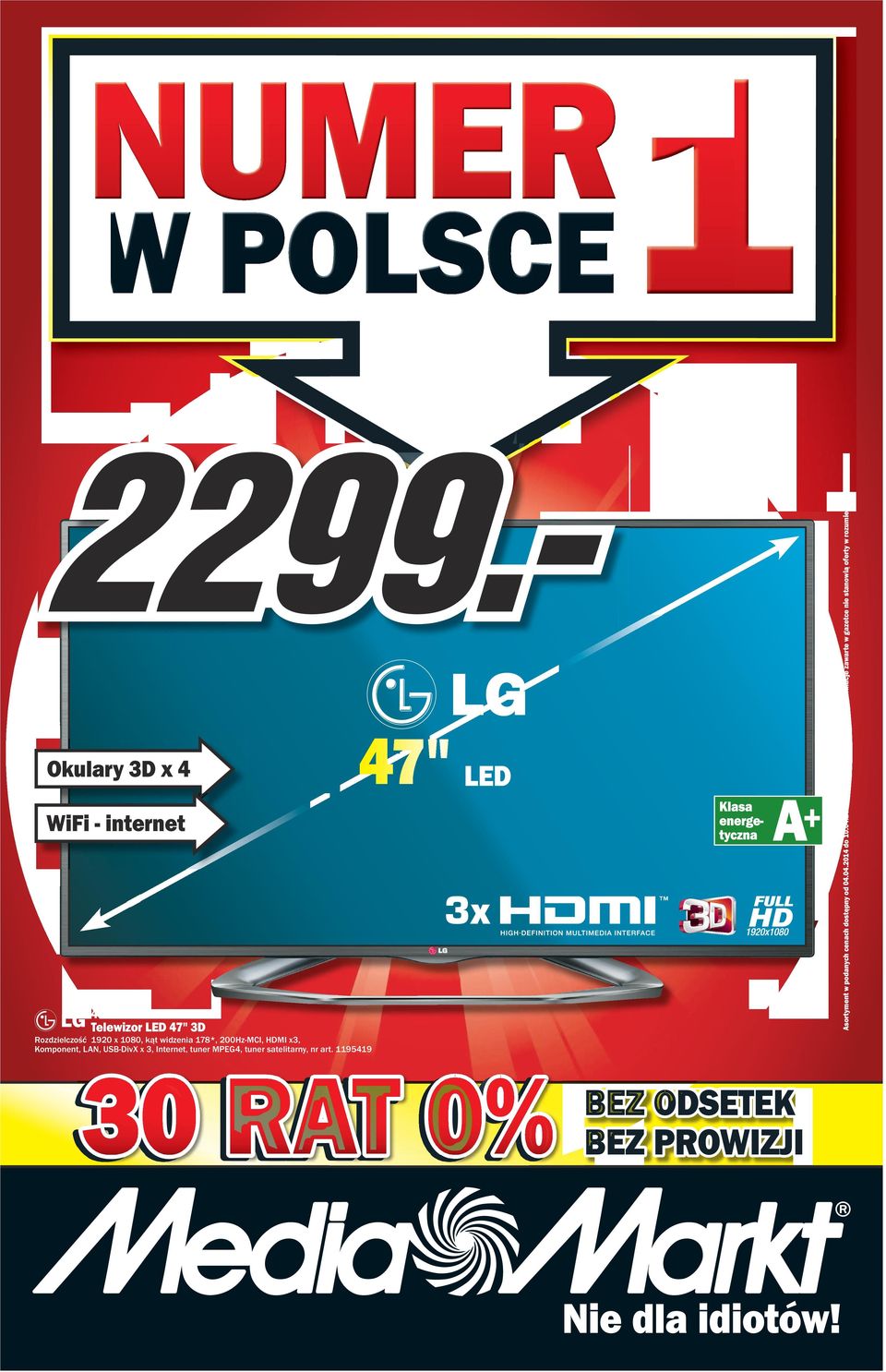 X 47" LED WiFi - internet 47LA620S Telewizor LED 47" 3D Rozdzielczość 1920 1080, kąt widzenia 178*,