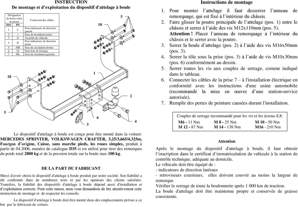 d'attelage à boule est conçu pour être monté dans la voiture: MERCEDES SPRINTER, VOLKSWAGEN CRAFTER, 3,2/3,66/4,32m, Fourgon d origine, Caisse, sans marche pieds, les roues simples, produit à partir