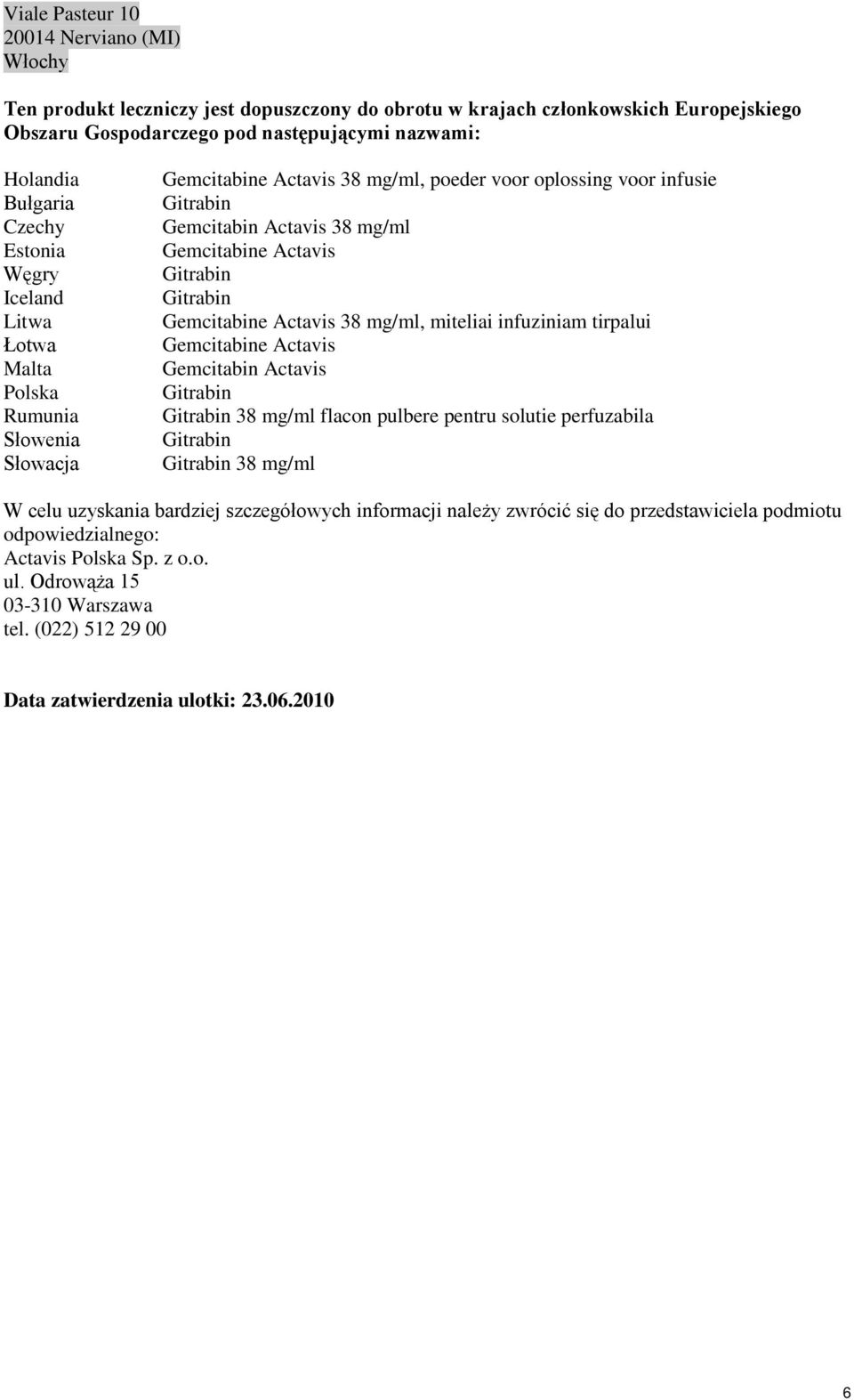 Actavis Gemcitabine Actavis 38 mg/ml, miteliai infuziniam tirpalui Gemcitabine Actavis Gemcitabin Actavis 38 mg/ml flacon pulbere pentru solutie perfuzabila 38 mg/ml W celu uzyskania bardziej