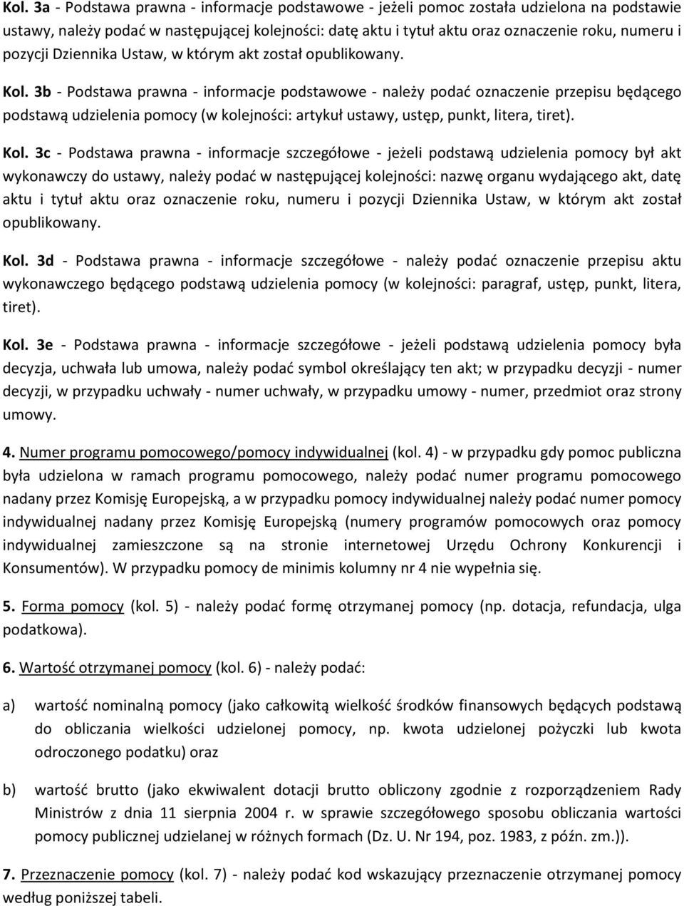 3b - Podstawa prawna - informacje podstawowe - należy podać oznaczenie przepisu będącego podstawą udzielenia pomocy (w kolejności: artykuł ustawy, ustęp, punkt, litera, tiret). Kol.