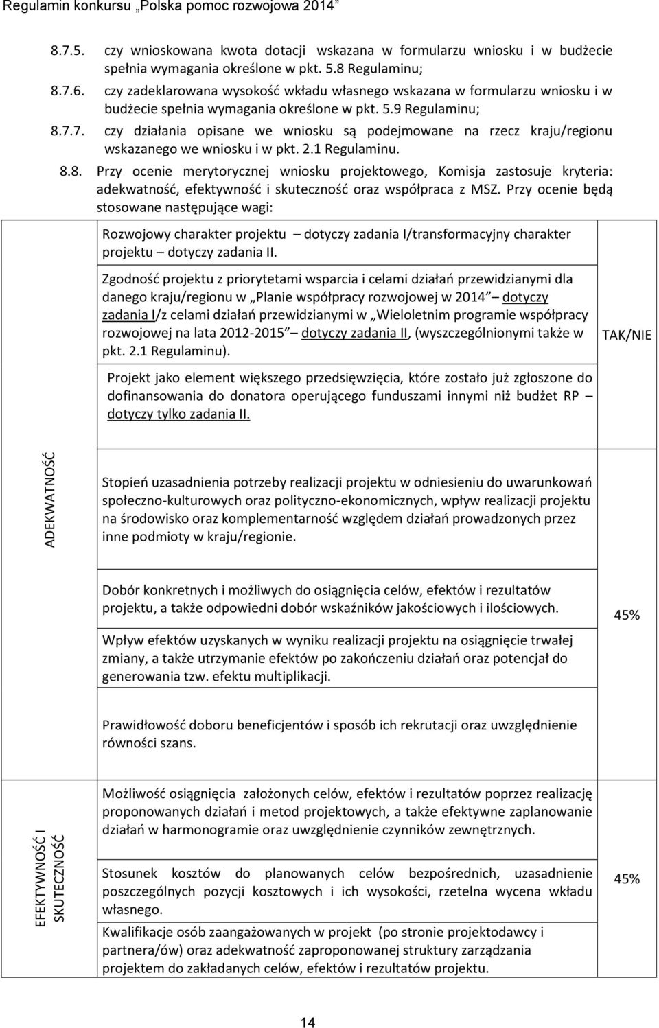 2.1 Regulaminu. 8.8. Przy ocenie merytorycznej wniosku projektowego, Komisja zastosuje kryteria: adekwatność, efektywność i skuteczność oraz współpraca z MSZ.