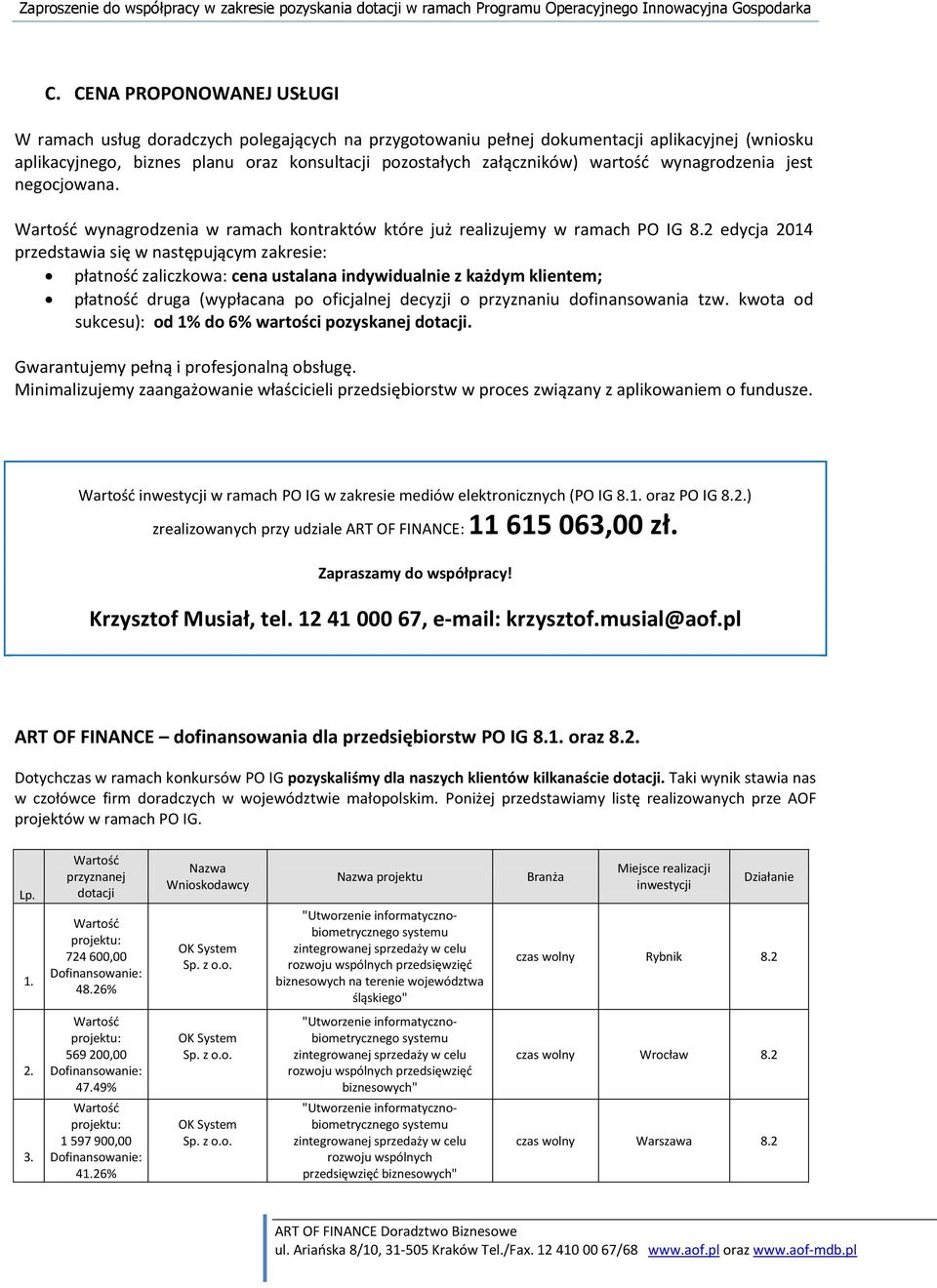 2 edycja 2014 przedstawia się w następującym zakresie: płatność zaliczkowa: cena ustalana indywidualnie z każdym klientem; płatność druga (wypłacana po oficjalnej decyzji o przyznaniu dofinansowania