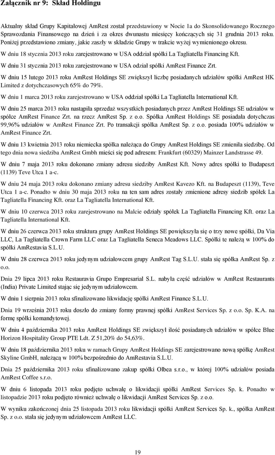 W dniu 18 stycznia 2013 roku zarejestrowano w USA oddział spółki La Tagliatella Financing Kft. W dniu 31 stycznia 2013 roku zarejestrowano w USA odział spółki AmRest Finance Zrt.