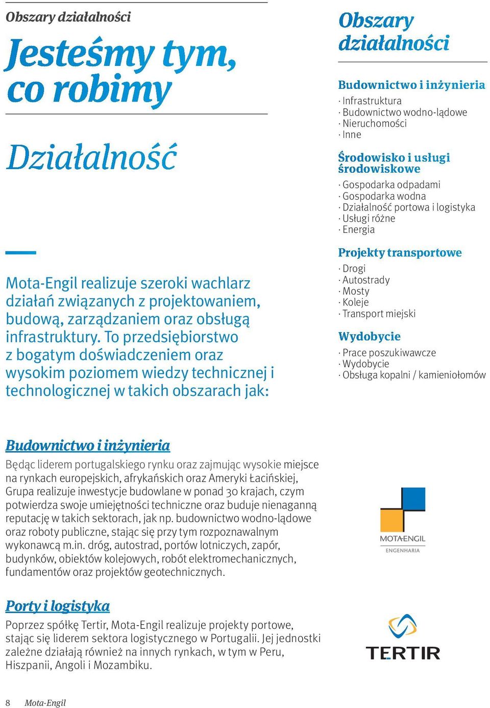 Budownictwo wodno-lądowe Nieruchomości Inne Środowisko i usługi środowiskowe Gospodarka odpadami Gospodarka wodna Działalność portowa i logistyka Usługi różne Energia Projekty transportowe Drogi