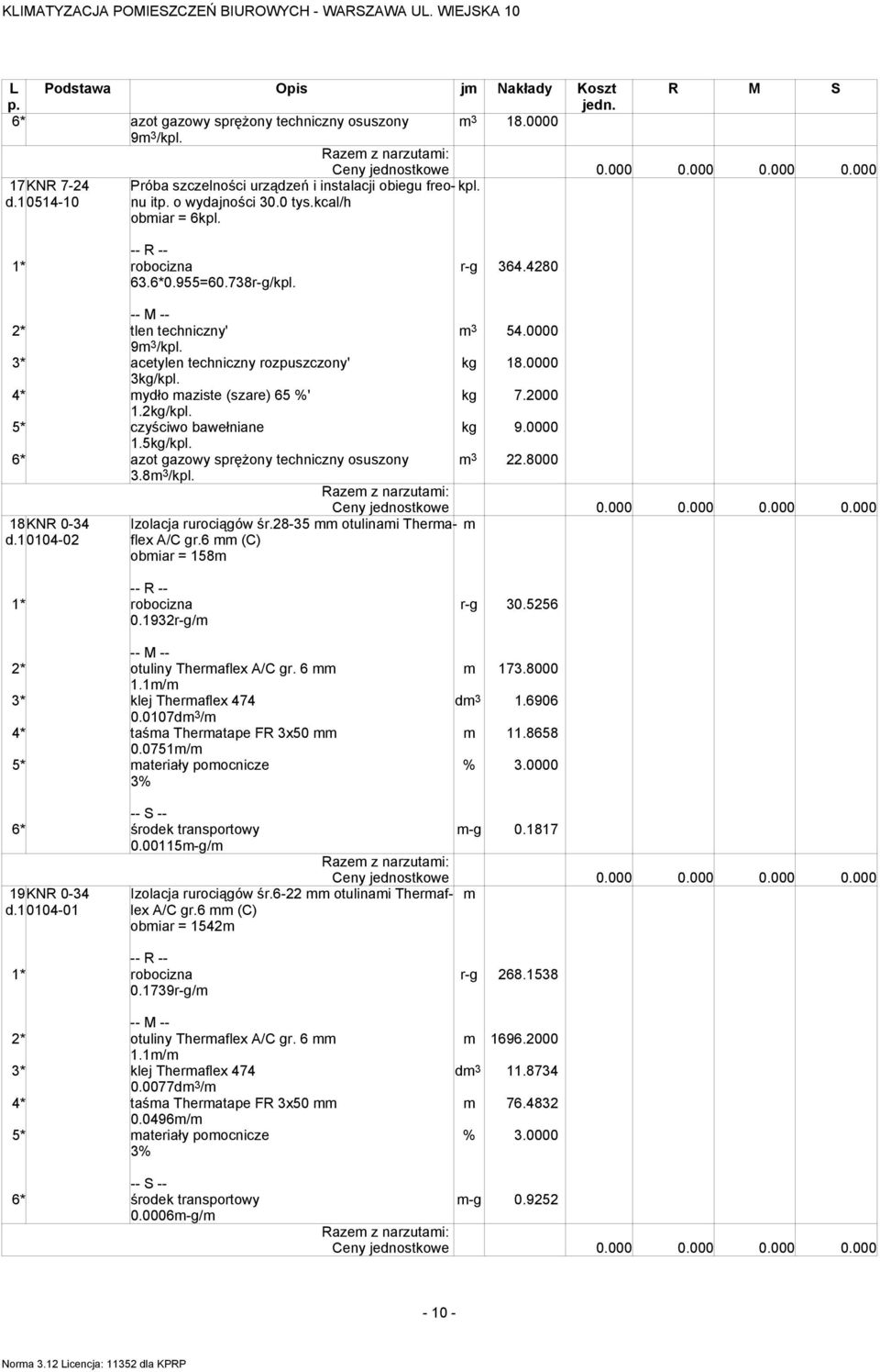 4* ydło aziste (szare) 65 %' 7.2000 1.2/kpl. 5* czyściwo bawełniane 9.0000 1.5/kpl. 6* azot gazowy sprężony techniczny osuszony 3 22.8000 3.8 3 /kpl. 18KNR 0-34 d.10104-02 Izolacja rurociągów śr.