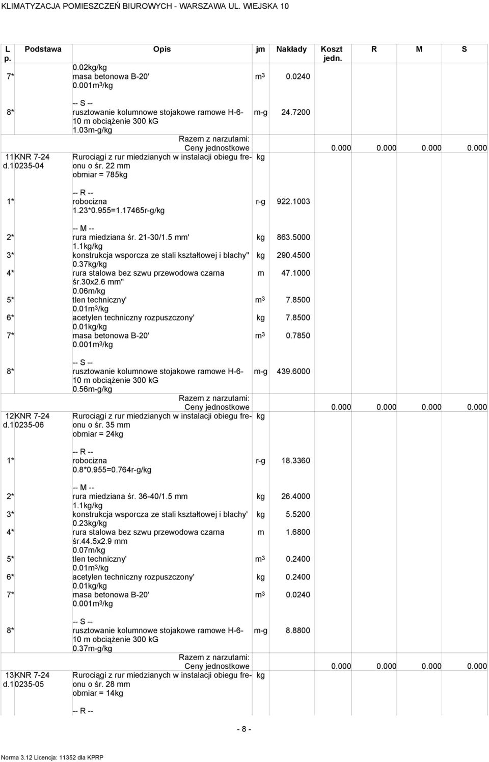 1/ 3* konstrukcja wsporcza ze stali kształtowej i blachy'' 290.4500 0.37/ 4* rura stalowa bez szwu przewodowa czarna 47.1000 śr.30x2.6 '' 0.06/ 5* tlen techniczny' 3 7.8500 0.