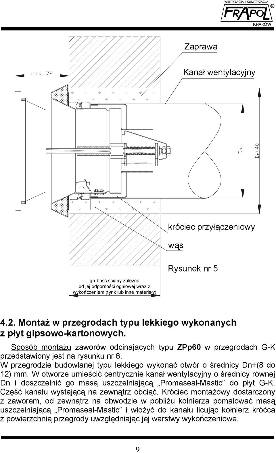 W przegrodzie budowlanej typu lekkiego wykonać otwór o średnicy Dn+(8 do 12) mm.