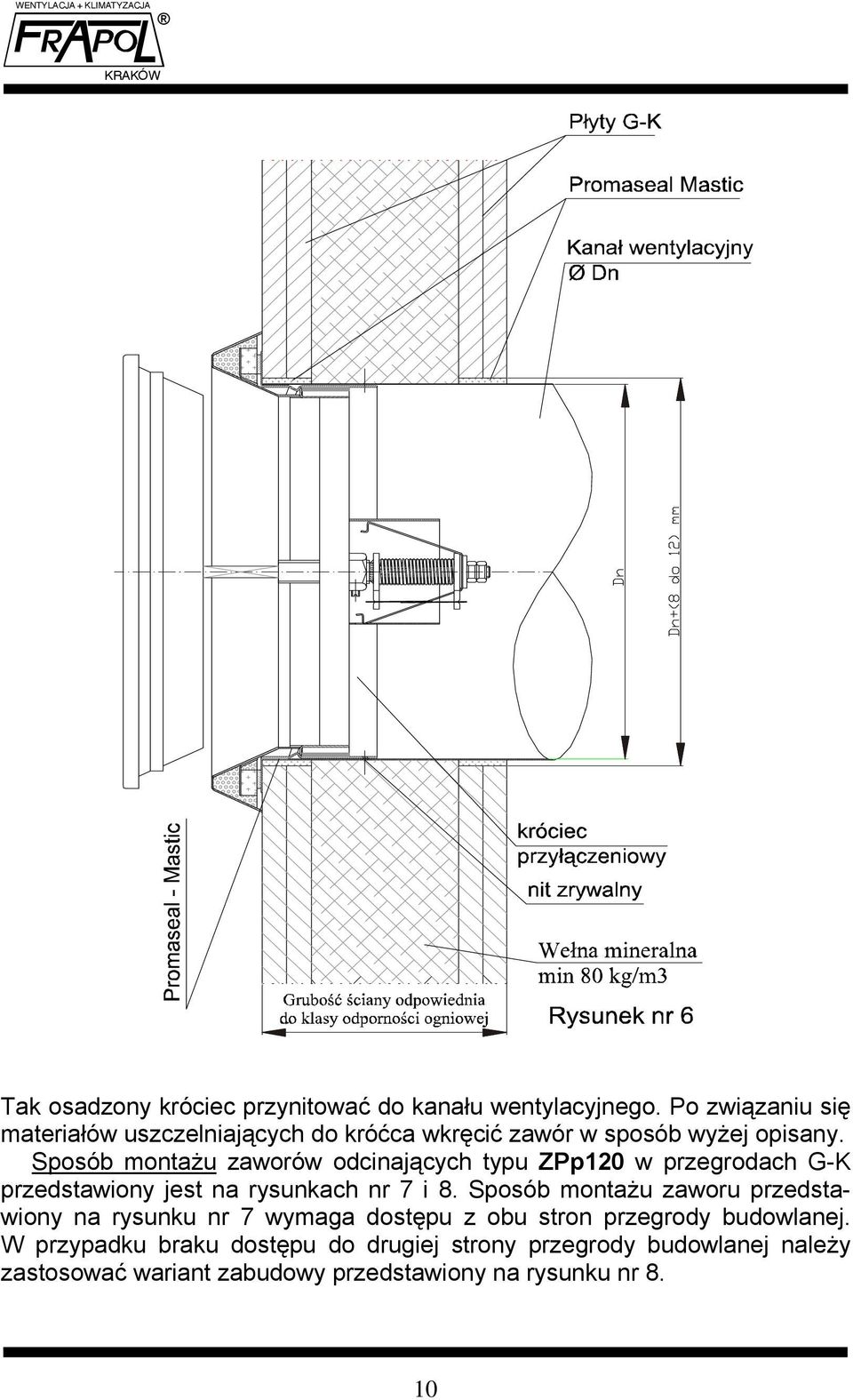 Sposób montażu zaworów odcinających typu ZPp120 w przegrodach G-K przedstawiony jest na rysunkach nr 7 i 8.