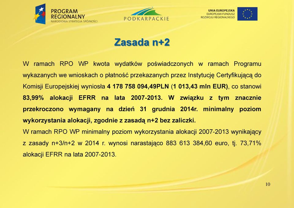 W związku z tym znacznie przekroczono wymagany na dzień 31 grudnia 2014r. minimalny poziom wykorzystania alokacji, zgodnie z zasadą n+2 bez zaliczki.