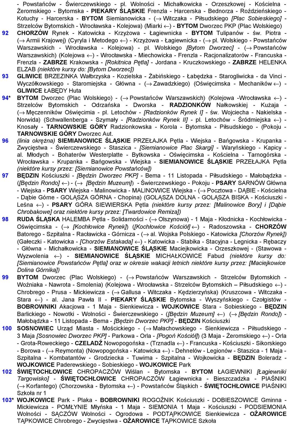 - Piłsudskiego [Plac Sobieskiego] - Strzelców Bytomskich - Wrocławska - Kolejowa) (Miarki ) - BYTOM Dworzec PKP (Plac Wolskiego) 92 CHORZÓW Rynek - Katowicka - Krzyżowa - Łagiewnicka - BYTOM