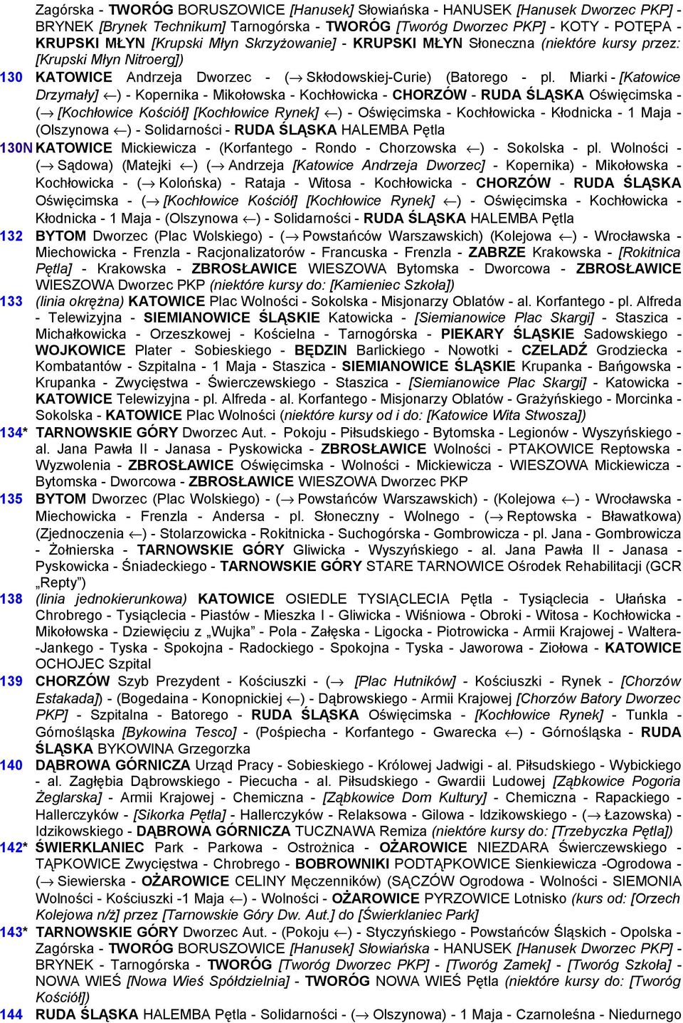 Miarki - [Katowice Drzymały] ) - Kopernika - Mikołowska - Kochłowicka - CHORZÓW - RUDA ŚLĄSKA Oświęcimska - ( [Kochłowice Kościół] [Kochłowice Rynek] ) - Oświęcimska - Kochłowicka - Kłodnicka - 1