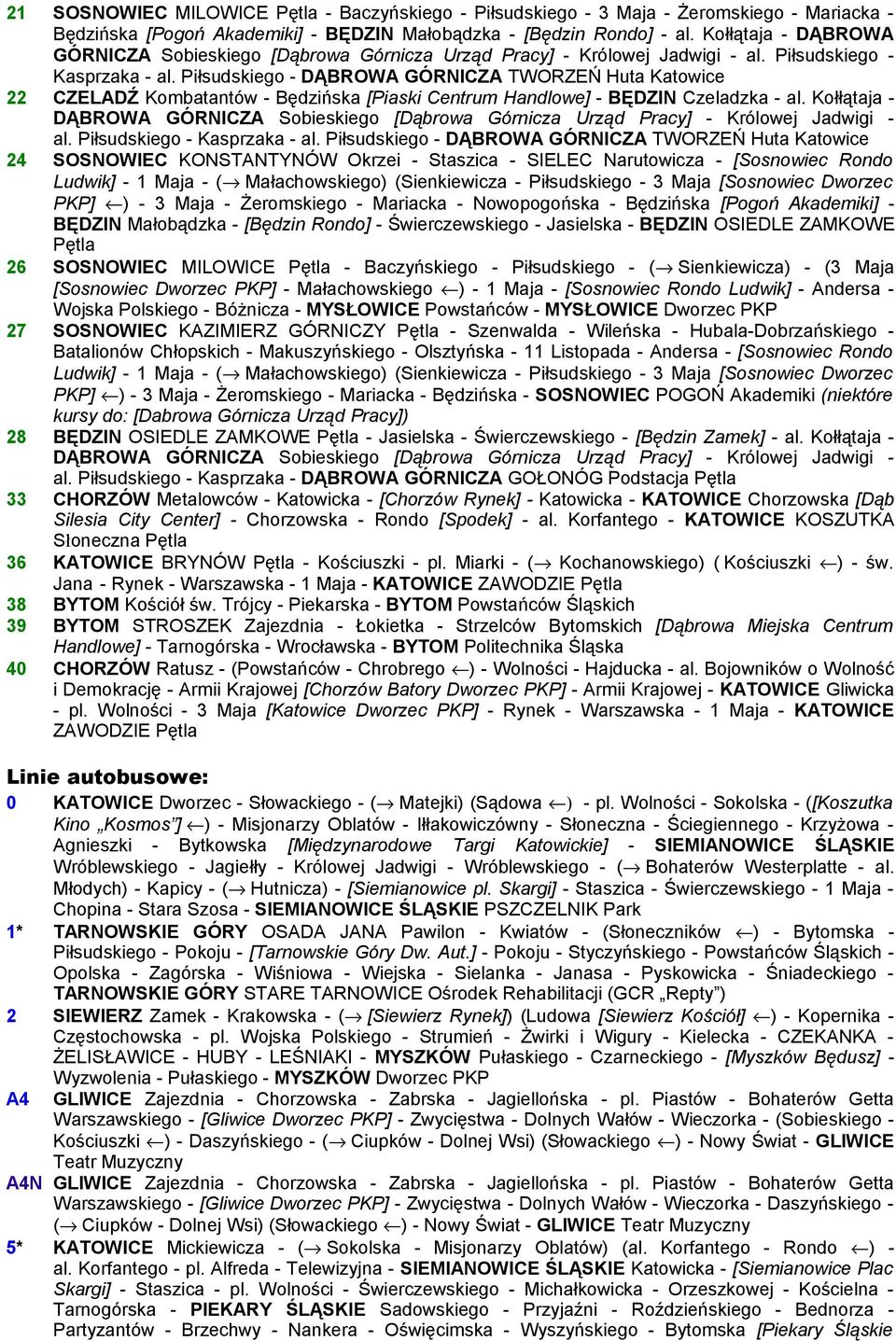 Piłsudskiego - DĄBROWA GÓRNICZA TWORZEŃ Huta Katowice 22 CZELADŹ Kombatantów - Będzińska [Piaski Centrum Handlowe] - BĘDZIN Czeladzka - al.