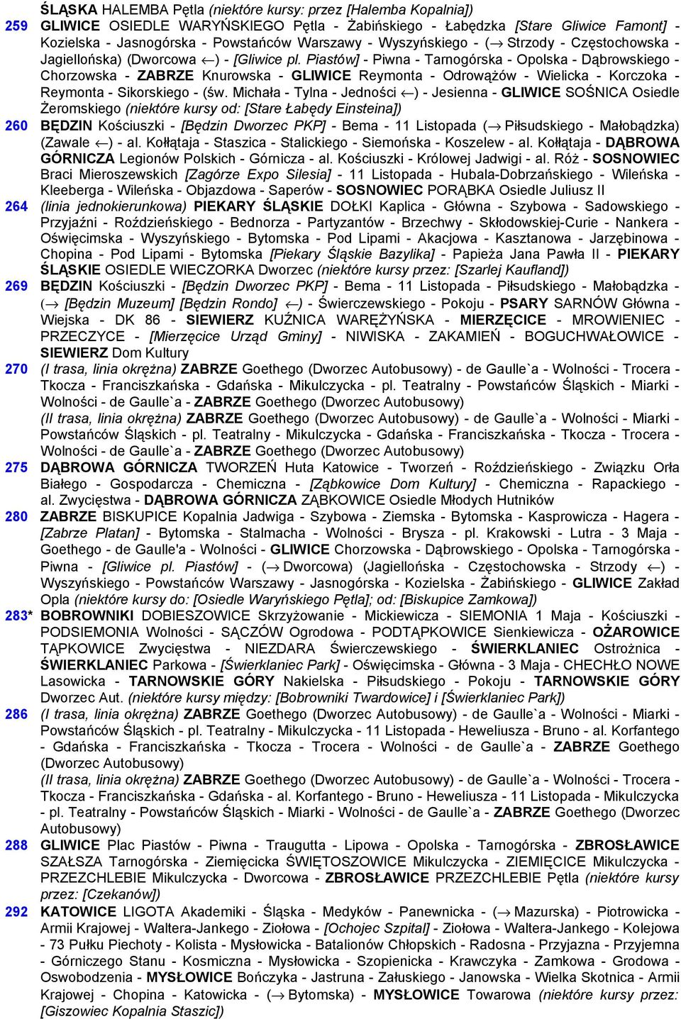 Piastów] - Piwna - Tarnogórska - Opolska - Dąbrowskiego - Chorzowska - ZABRZE Knurowska - GLIWICE Reymonta - Odrowążów - Wielicka - Korczoka - Reymonta - Sikorskiego - (św.