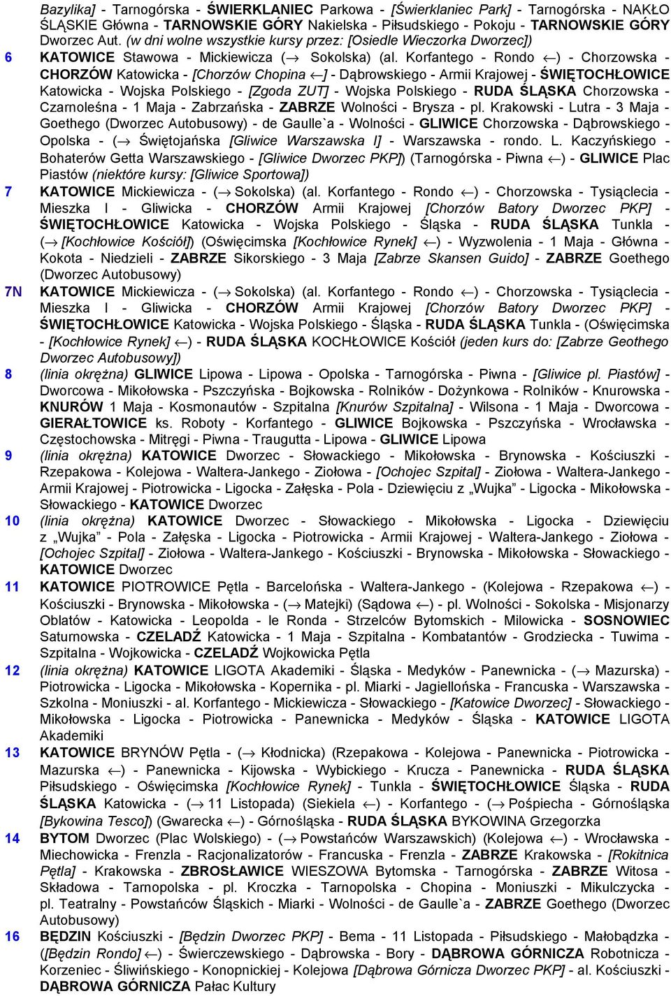 Korfantego - Rondo ) - Chorzowska - CHORZÓW Katowicka - [Chorzów Chopina ] - Dąbrowskiego - Armii Krajowej - ŚWIĘTOCHŁOWICE Katowicka - Wojska Polskiego - [Zgoda ZUT] - Wojska Polskiego - RUDA ŚLĄSKA