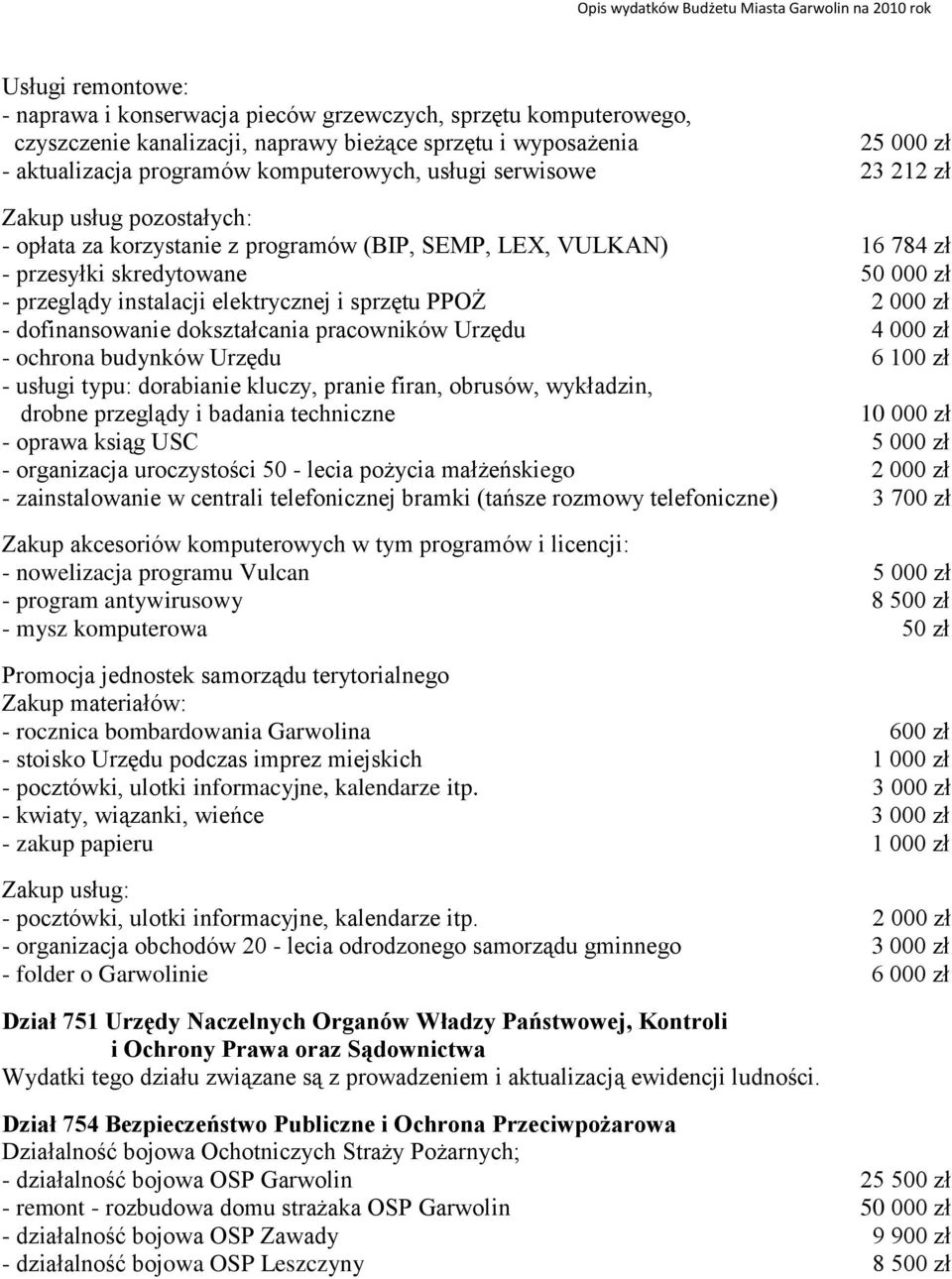 sprzętu PPOŻ 2 000 zł - dofinansowanie dokształcania pracowników Urzędu 4 000 zł - ochrona budynków Urzędu 6 100 zł - usługi typu: dorabianie kluczy, pranie firan, obrusów, wykładzin, drobne