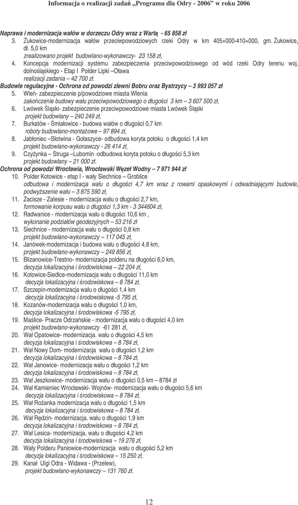 dolnolskiego - Etap I Polder Lipki Oława realizacji zadania 42 700 zł. Budowle regulacyjne - Ochrona od powodzi zlewni Bobru oraz Bystrzycy 3 993 057 zł 5.