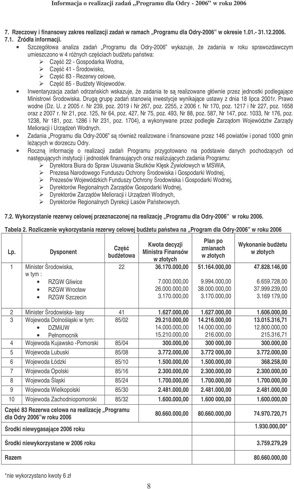 celowe, Cz 85 - Budety Wojewodów. Inwentaryzacja zada odrzaskich wskazuje, e zadania te s realizowane głównie przez jednostki podlegajce Ministrowi rodowiska.