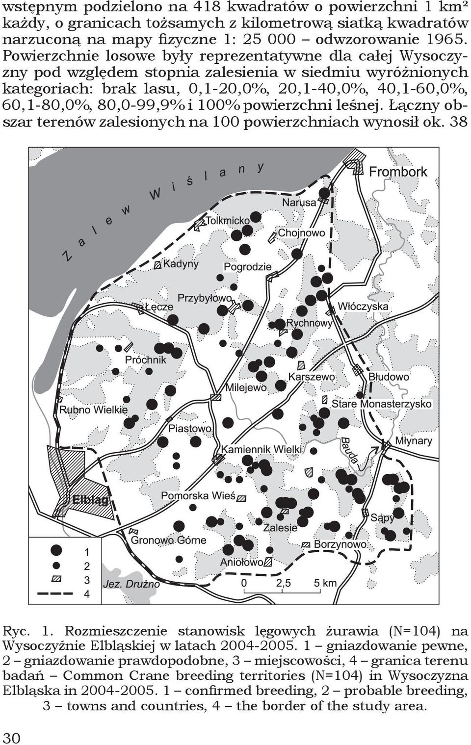 i 100% powierzchni leśnej. Łączny obszar terenów zalesionych na 100 powierzchniach wynosił ok. 38 Ryc. 1. Rozmieszczenie stanowisk lęgowych żurawia (N=104) na Wysoczyźnie Elbląskiej w latach 2004-2005.