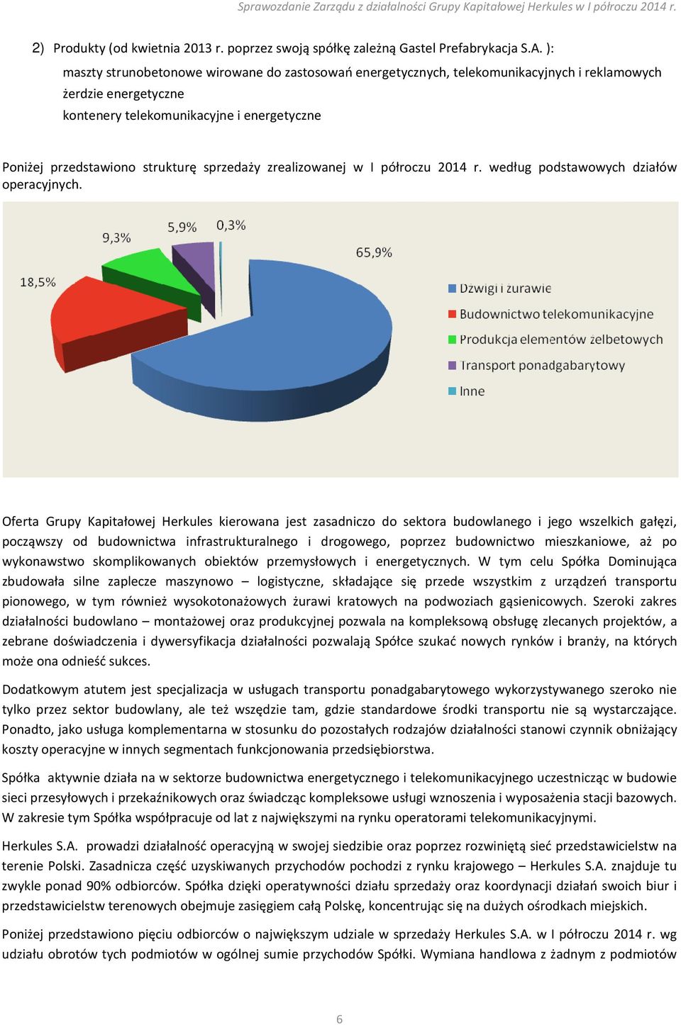 sprzedaży zrealizowanej w I półroczu 2014 r. według podstawowych działów operacyjnych.