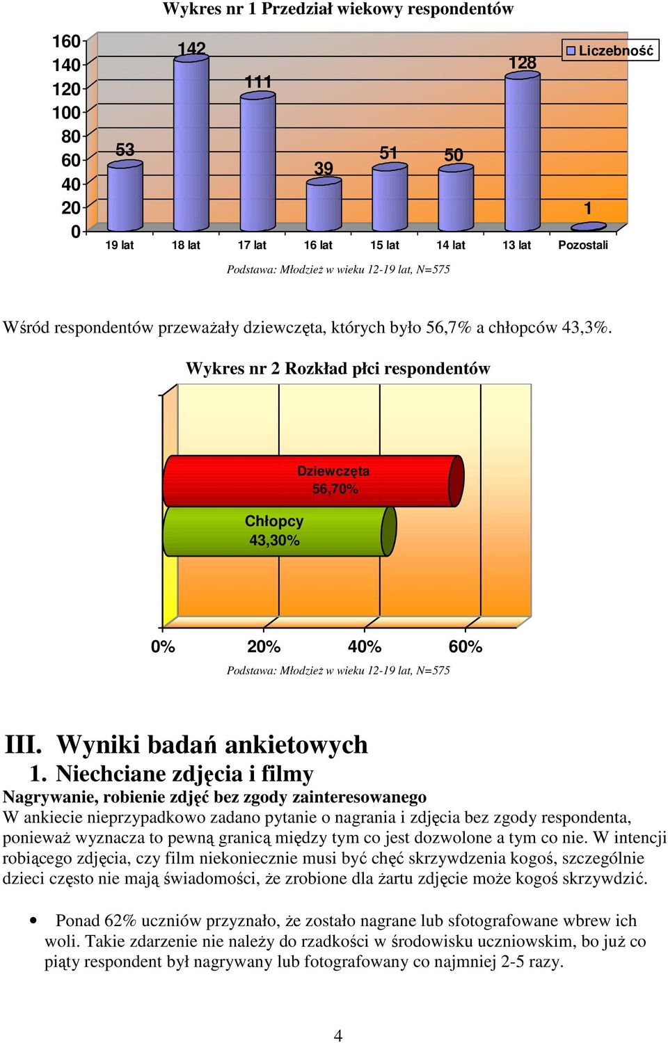 Wykres nr 2 Rozkład płci respondentów Chłopcy 43,30% Dziewczęta 56,70% 0% 20% 40% 60% Podstawa: MłodzieŜ w wieku 12-19 lat, N=575 III. Wyniki badań ankietowych 1.