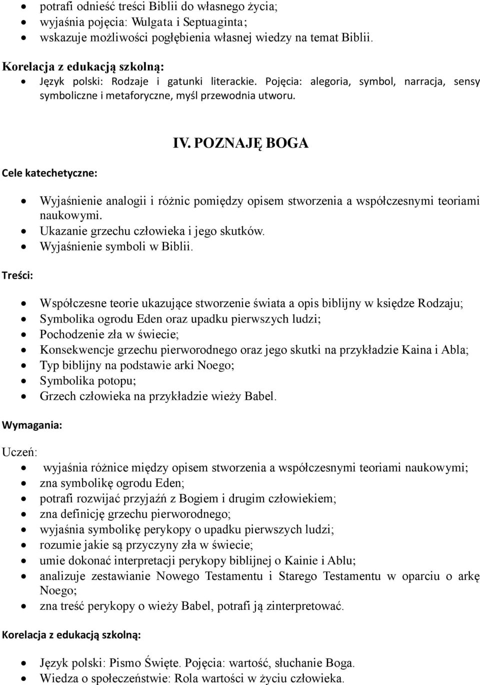 POZNAJĘ BOGA Wyjaśnienie analogii i różnic pomiędzy opisem stworzenia a współczesnymi teoriami naukowymi. Ukazanie grzechu człowieka i jego skutków. Wyjaśnienie symboli w Biblii.