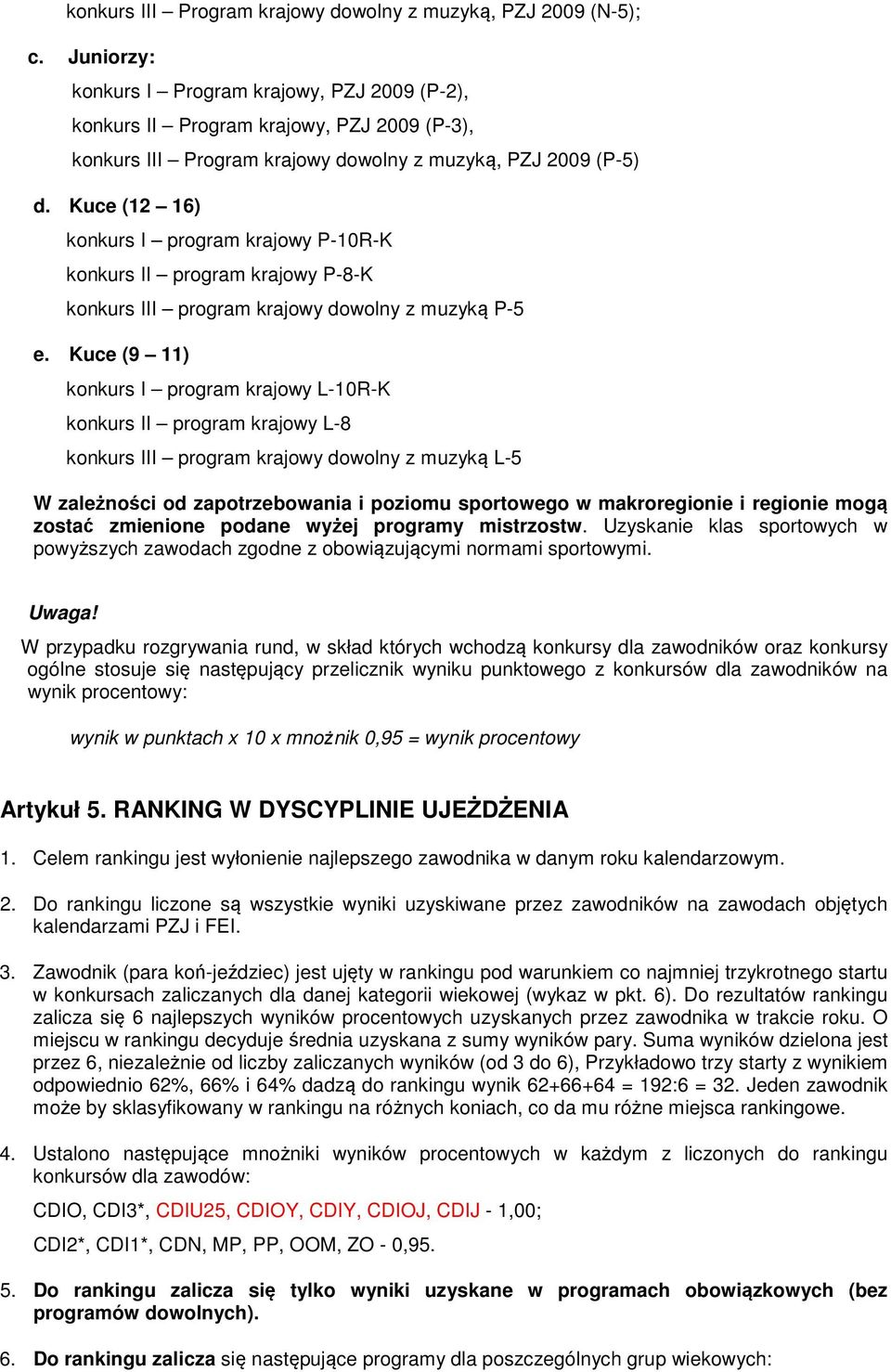 Kuce (12 16) konkurs I program krajowy P-10R-K konkurs II program krajowy P-8-K konkurs III program krajowy dowolny z muzyką P-5 e.