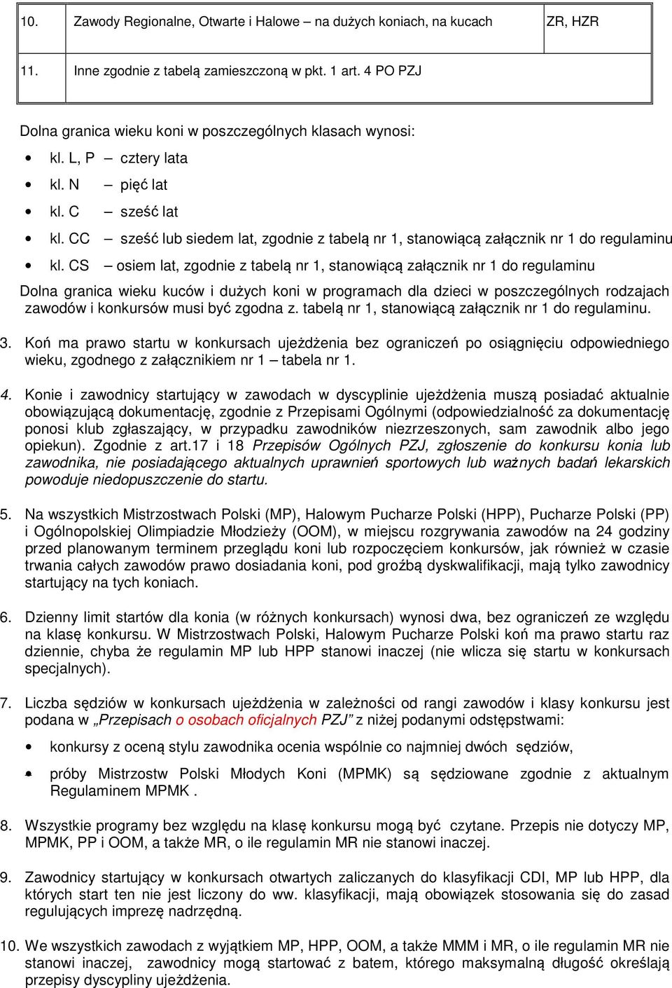 CS osiem lat, zgodnie z tabelą nr 1, stanowiącą załącznik nr 1 do regulaminu Dolna granica wieku kuców i dużych koni w programach dla dzieci w poszczególnych rodzajach zawodów i konkursów musi być