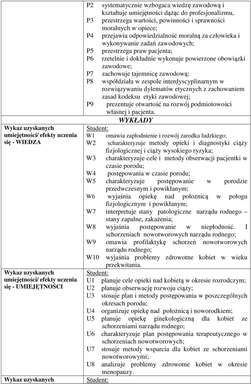 zawodową; P8 współdziała w zespole interdyscyplinarnym w rozwiązywaniu dylematów etycznych z zachowaniem zasad kodeksu etyki zawodowej; P9 prezentuje otwartość na rozwój podmiotowości własnej i