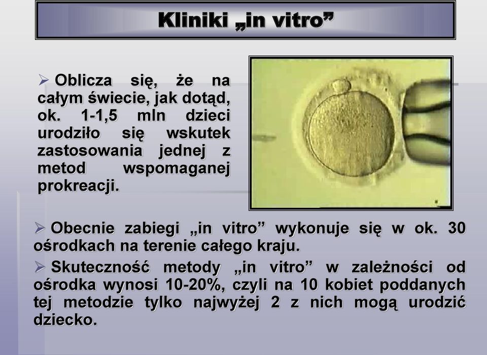 Obecnie zabiegi in vitro wykonuje się w ok. 30 ośrodkach na terenie całego kraju.