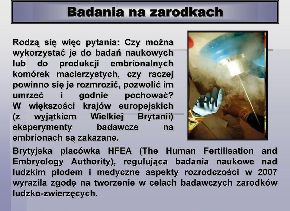 W większości krajów europejskich (z wyjątkiem Wielkiej Brytanii) eksperymenty badawcze na embrionach są zakazane.